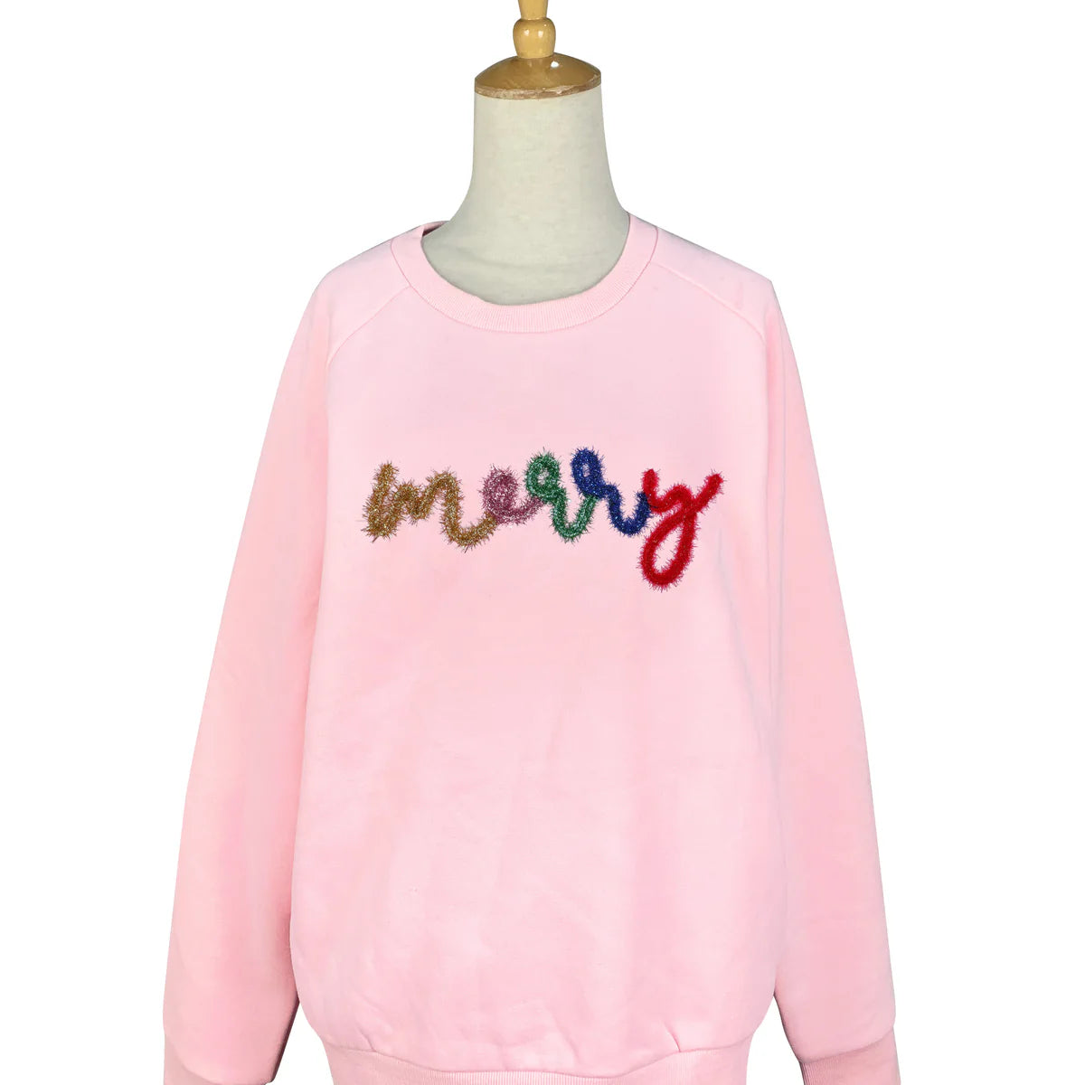 "MERRY" TINSEL PINK SWEATSHIRT Hoodie with Hem Detail Decorative Unique