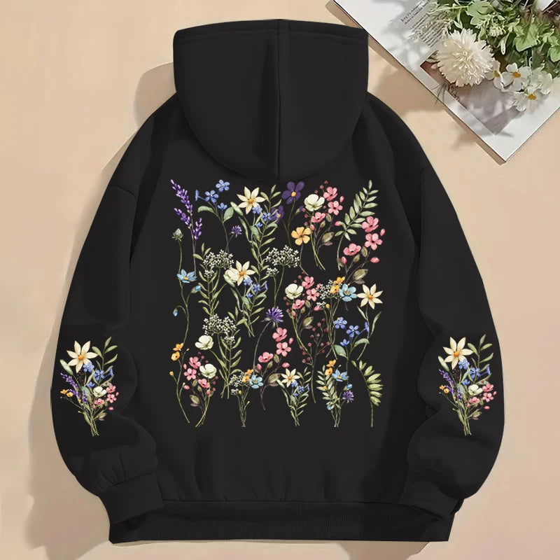 Women's Y2K Hoodies Vintage Wild Flower Print Loose Sweatshirt Long Sleeve Pocket Women Pullover Boho Plant Style Flower Hoody Faux Fur Trim