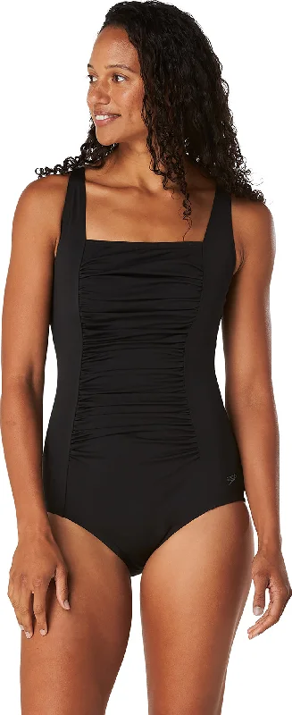 Solid Shirred Tank One Piece Swimsuit - Women's|-|Maillot de bain une pièce débardeur uni à froncée - Femme cropped tank top