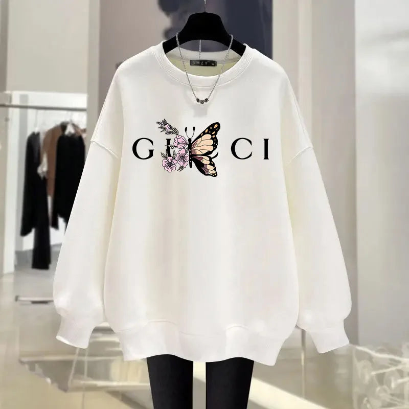 Women's O-Neck Hoodie Letter Printed Loose Long Sleeved Sweatshirt Woman Vintage Style Tracksuit Pullover Top Fashion Home Wear Cashmere Luxurious Pullover