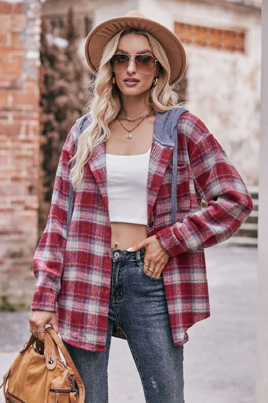 Plaid Dropped Shoulder Hooded Longline Jacket Fitted Jacket Loose Jacket Oversized Jacket