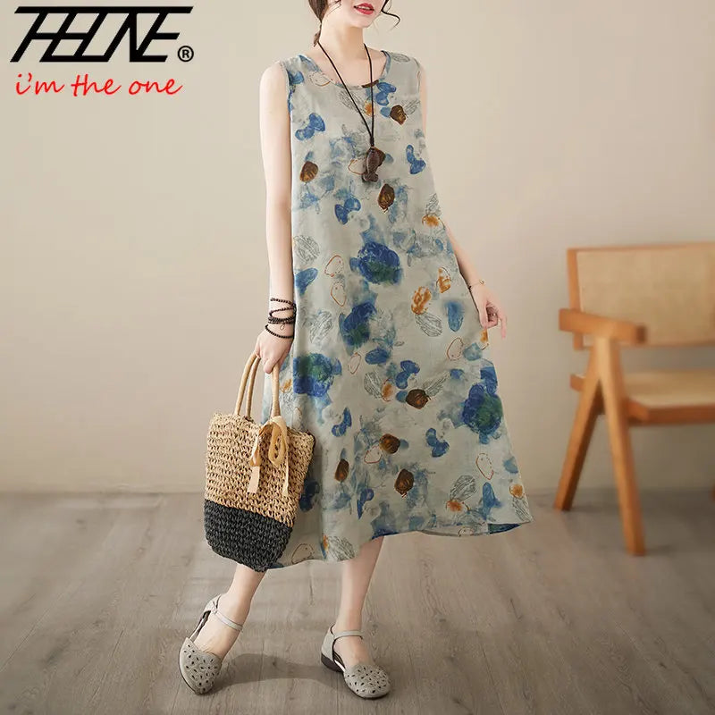 Vestidos De Mujer Summer Dress for Women Floral Print  Cotton Linen Retro New Sleeveless Pullover A-line Loose Long Maxi Dresse Open Front Cardigan