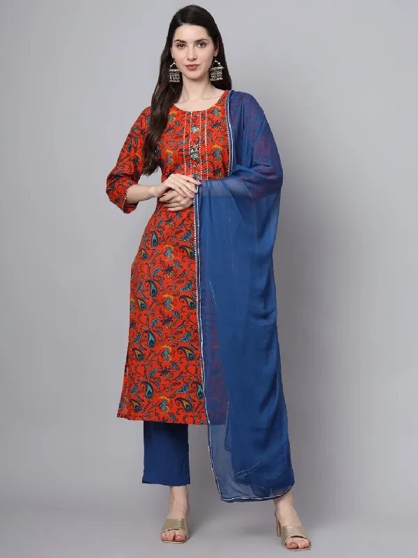 Divena Floral Printed Gotta Patti Pure Cotton Kurta With Trousers & Dupatta Trousers Leather Faux