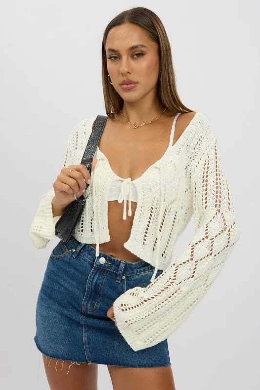 White Crochet Tie Up Cardigan Print Jacquard Patchwork