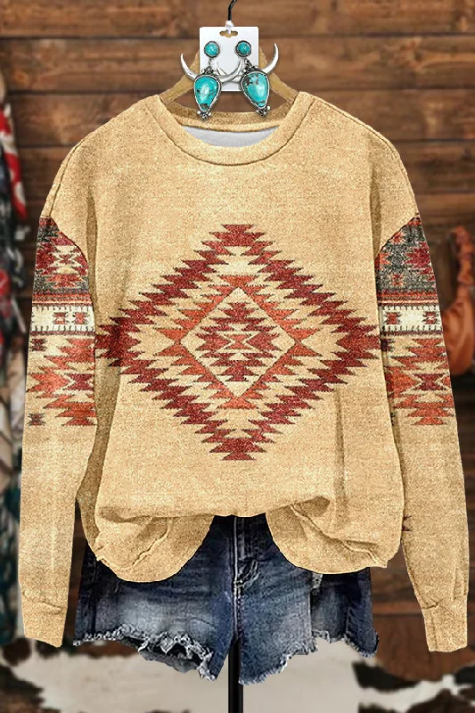 Retro Aztec Printed Pullover Sweatshirt Shawl Collar Sweater