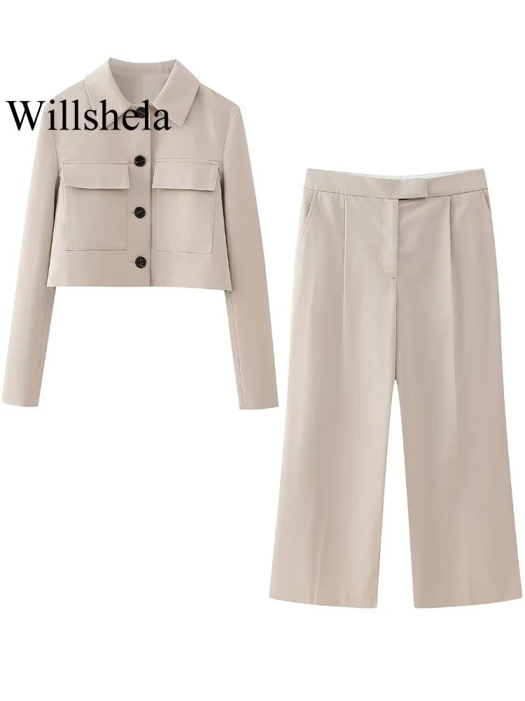 Willshela Women Fashion Two Piece Set Khaki Blazer With Pockets & Vintage Front Zipper Trousers Feamle Chic Lady Pants Sets Trousers Tapered Slim Fit