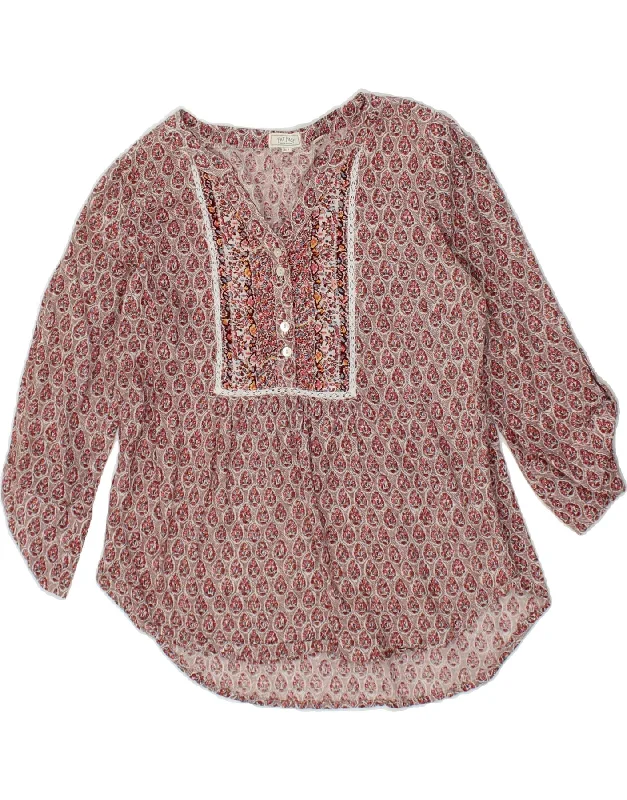 FAT FACE Womens 3/4 Sleeve Pullover Shirt UK 8 Small  Pink Floral Cotton Textured Knit Design