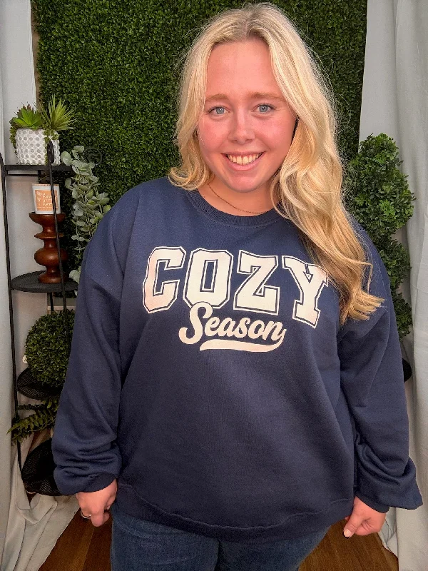 COZY SEASON CREWNECK SWEATSHIRT - NAVY Hoodie with Hem Lace Feminine Delicate