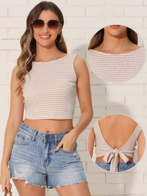 Boat Neck Backless Bow Lace-Up Cropped Tank Top sheer tank top