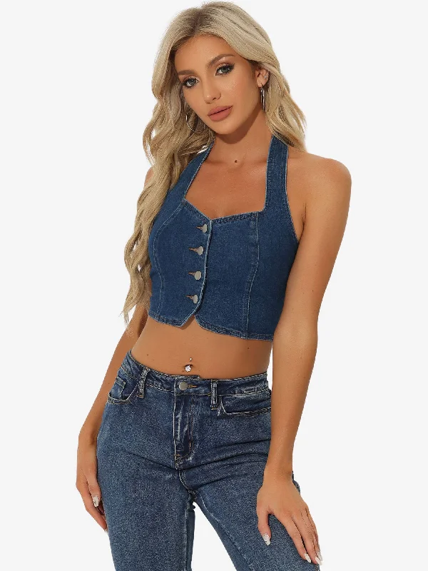 Denim Crop Sleeveless Button Front Halter Tank Top graphic tank top