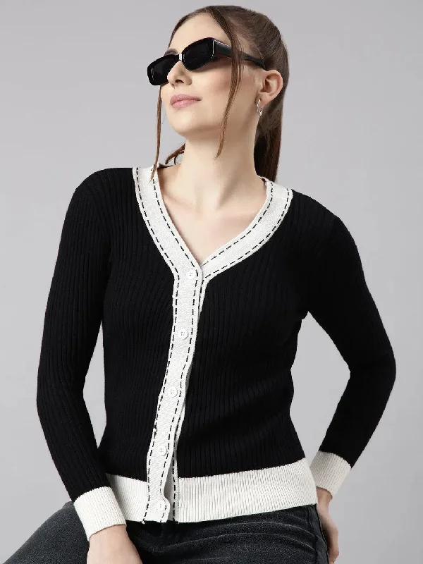 Women Colourblocked Black Regular Cardigan-SNC-8895-Black Herringbone Houndstooth Plaid