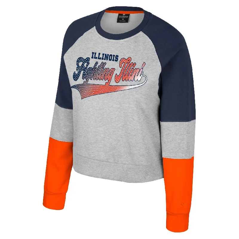 Illinois Fighting Illini Sweatshirt Women's Grey/Blue/Orange Colosseum Hoodie with Back Slit Movement Comfort