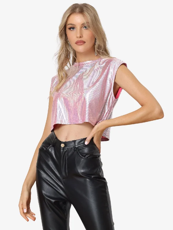 Metallic Round Neck Party Sleeveless Holographic Crop Tank Top layering tank top