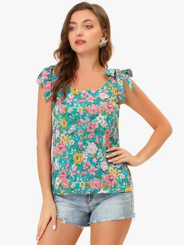 Boho Floral Print Casual Chiffon Tie Shoulders Tank Top comfortable tank top