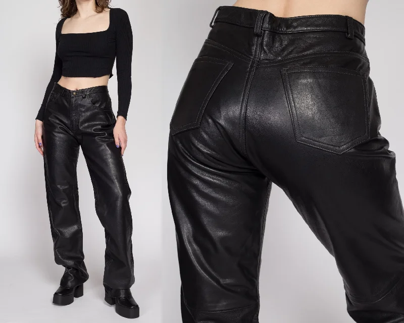 XL 90s Black Leather High Waisted Trousers Trousers Denim Blue