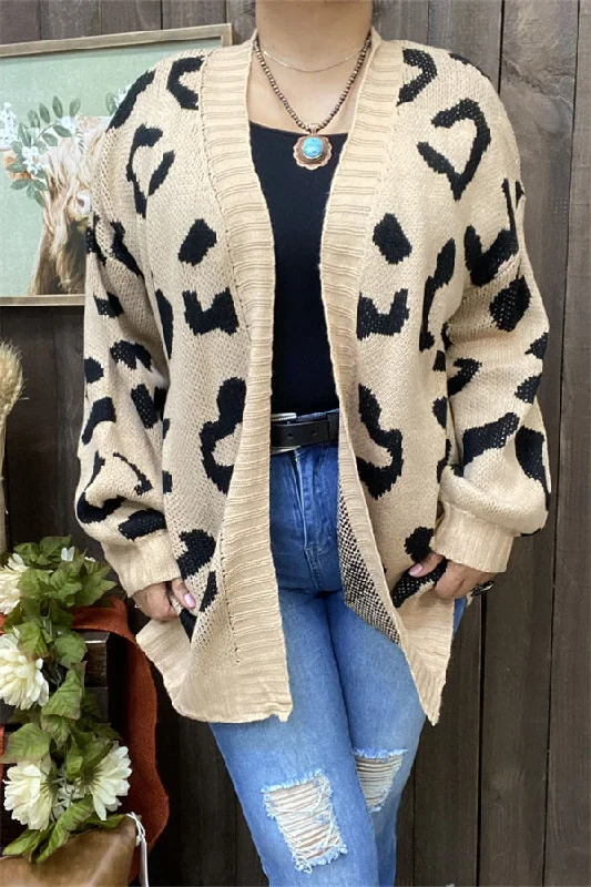 MY15287 Black leopard printed beige color long sleeve/tighten cuff knitted fabric women sweater/cardigan Herringbone Houndstooth Plaid