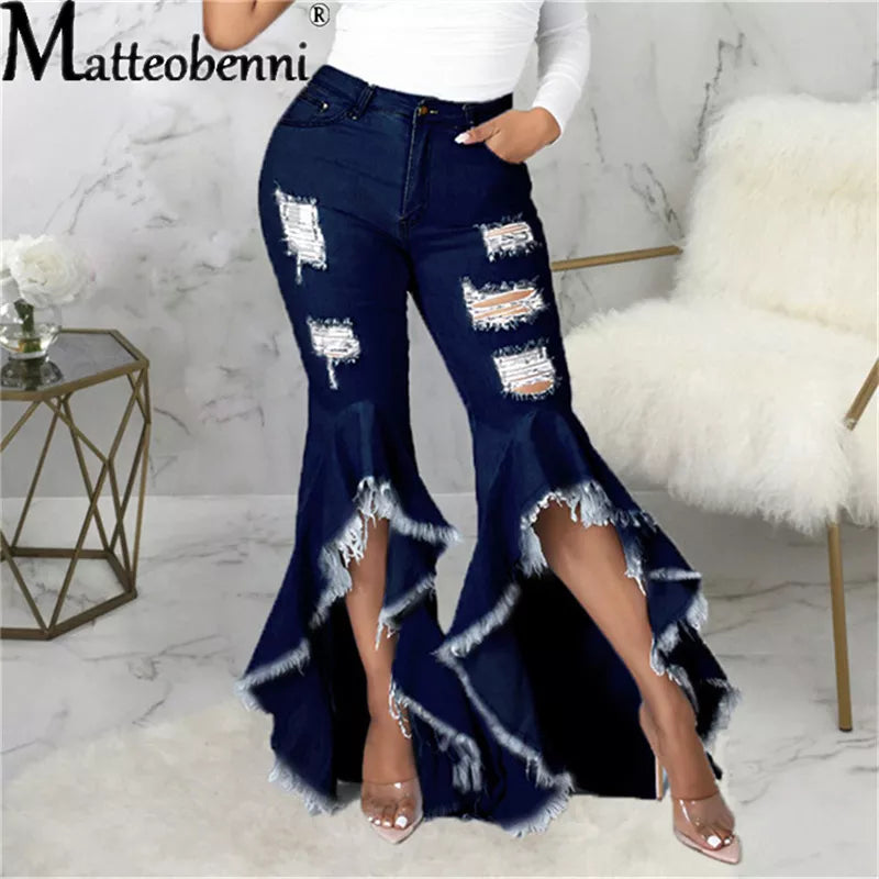 Sexy Ripped Jeans Fringe Hollow Out Ruffle Water Wash Flare Denim Pants New High Waist Bodycon Hole Women Trousers Club Outfits Trousers Favorite Customer