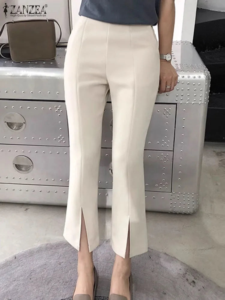 Elegant Women OL Pants Elastic Waist Casual Trousers 2024 ZANZEA Summer Fashion Solid Color Pantalons Office Bell-bottoms Femme Trousers Culottes Wide Leg