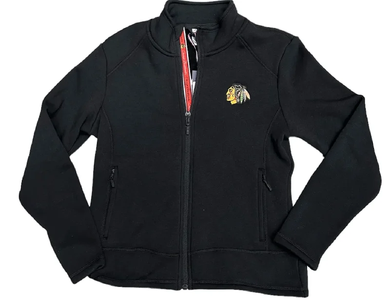 Women's Chicago Blackhawks Tranquil Deception Bar Stripe Black Full Zip Jacket Belted Jacket Elasticated Jacket Padded Jacket