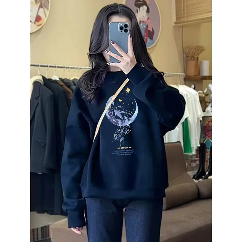 Autumn and Winter Women's Crew Neck Long Sleeves Printing Loose Pullovers Korean Hoodies Fashion Casual All Match Tops Cold Shoulder Design