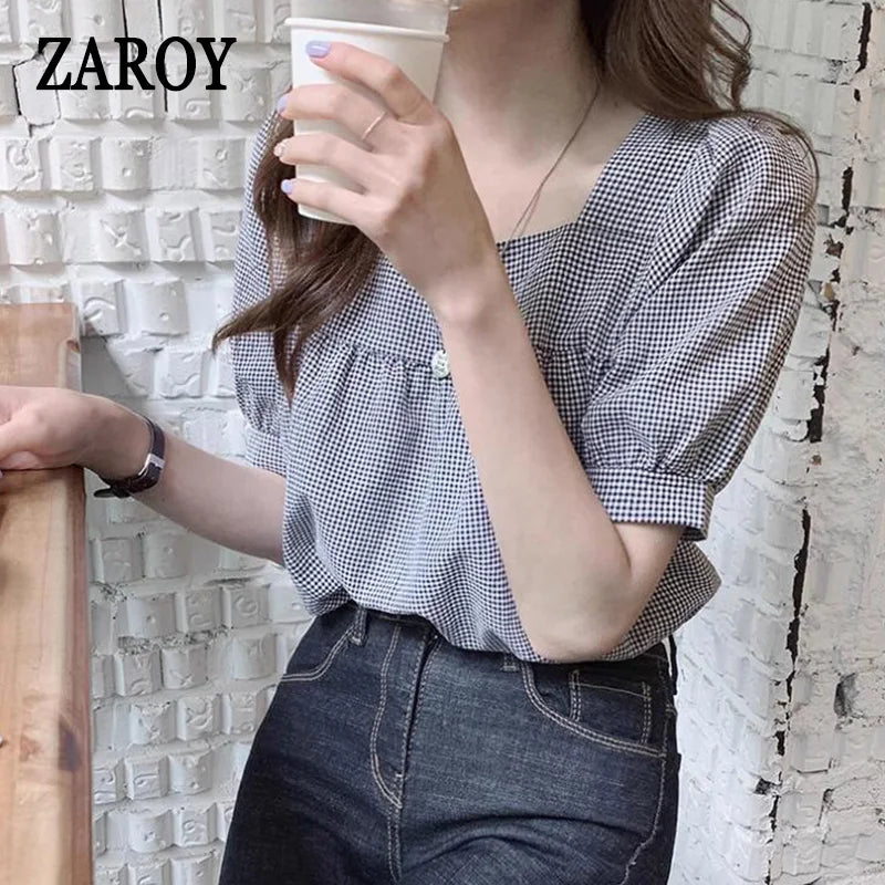 PLAZSON Summer Elegant Blouse Plaid Shirt Summer Fashion Hollow Short Sleeve Pullover Top Office Lady Shirt Fine Merino Wool