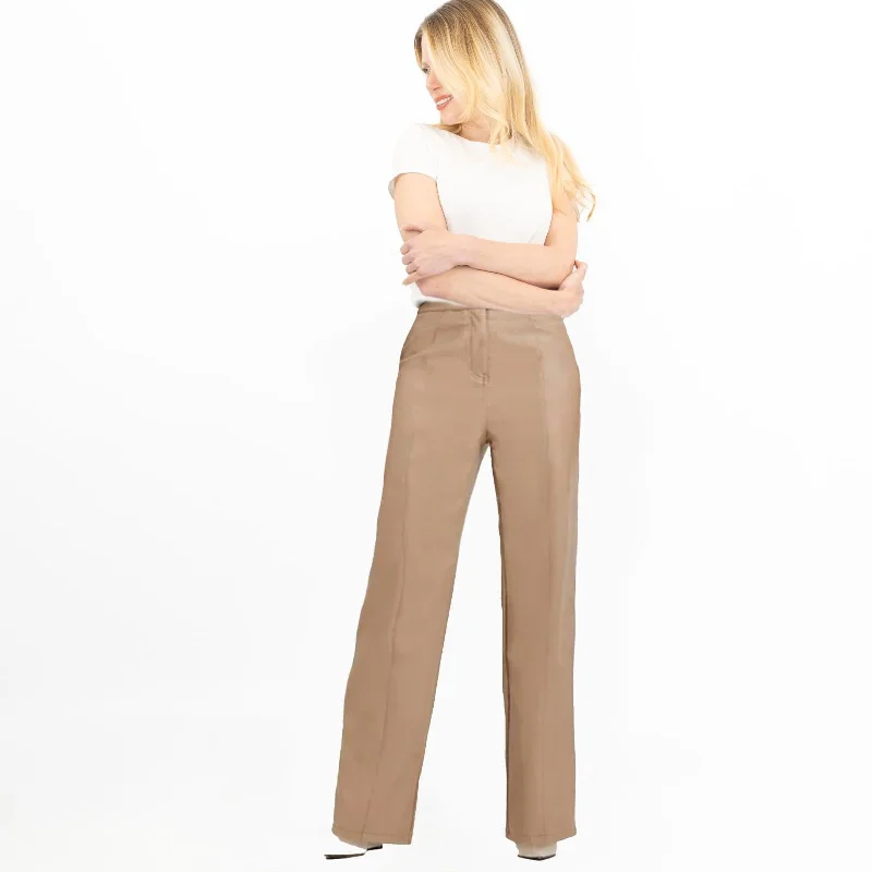 River Island Faux Leather Straight Leg Trousers Tan High Waist Slim Fit Ankle Length