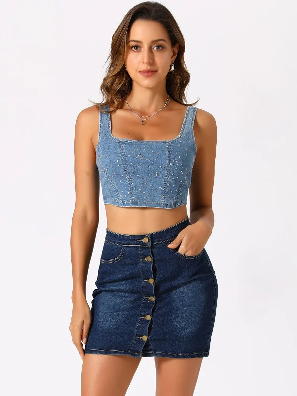 Denim Sleeveless Glitter Bustier Jean Cropped Tank Top slim fit tank