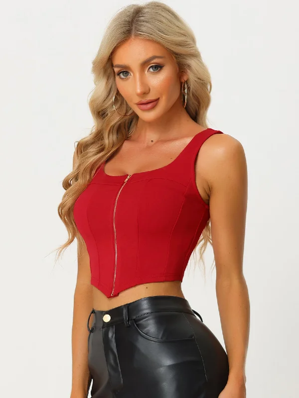 Square Neck Asymmetrical Hem Zip Front Crop Cami Tank Tops cozy tank top