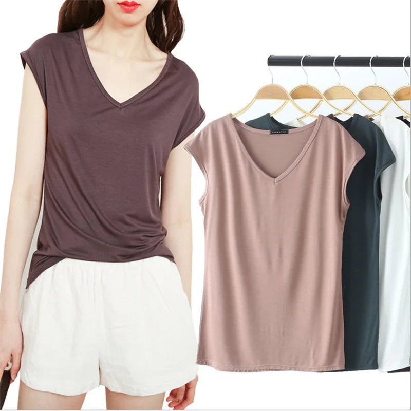 Modal Cotton T-shirts Women Solid Loose V-Neck Short Sleeve Tees Fashion Casual Slim Women Top Home Clothes Undershirt Pullover Square Neck Pullover