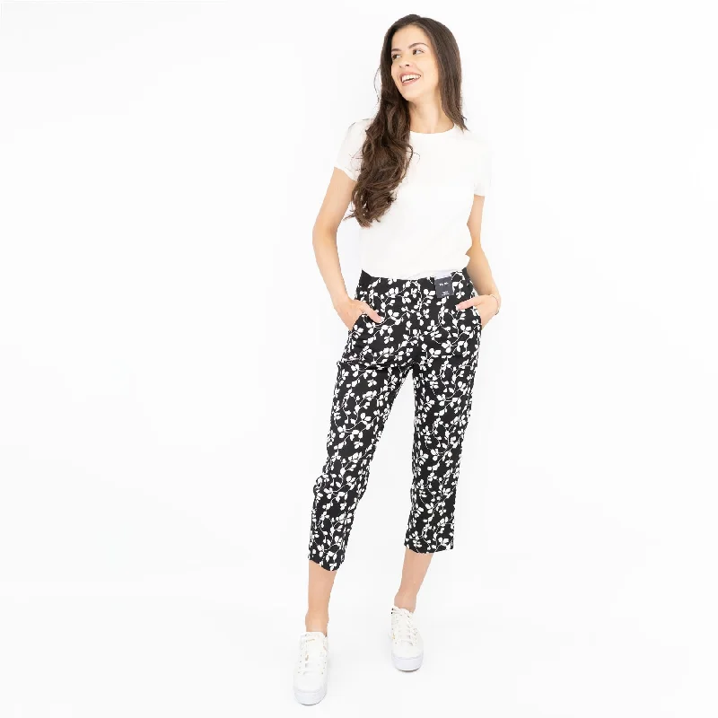 M&S Mia Black Flower Print Slim Leg Tapered Crop Chino Trousers Trousers Chinos Classic