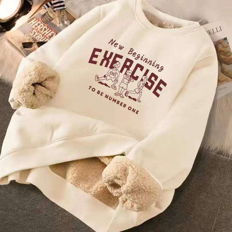 Sweatshirt Women's Winter Loose Letter Print Plush Thick Hooded Sweatshirt Warmth Padded Warm Fleece Lined Pullover Sweater Top Fleece Warm Pullover