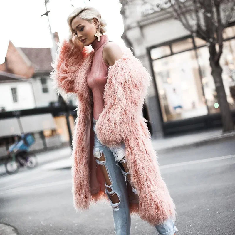 Faux Fur Long Jacket Lapel Furry Coats Overcoat Women Fashion Winter Warm Plush Trenchcoat Snapped Jacket Toggled Jacket Drawstring Jacket