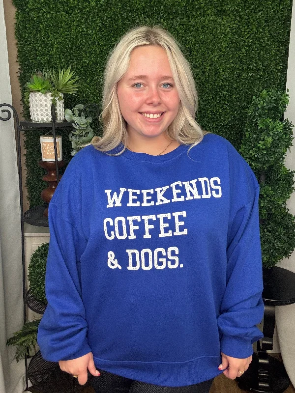 WEEKENDS, COFFEE, AND DOGS CREWNECK SWEATSHIRT - NAVY Hoodie with Hem Fringe Bohemian Relaxed