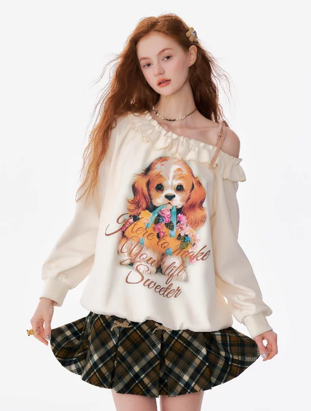 Puppy Print Cold Shoulder Sweatshirt Hoodie with Hem Contrast Bold Stylish