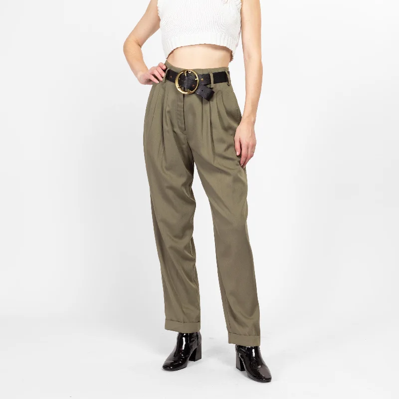 Medium 90s Olive Green Pleated Trousers 28" Trousers practical easy-care