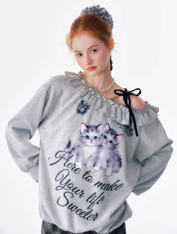 Sweet Kitten Ruffle Sweatshirt Hoodie with Tie-Dye Psychedelic Retro