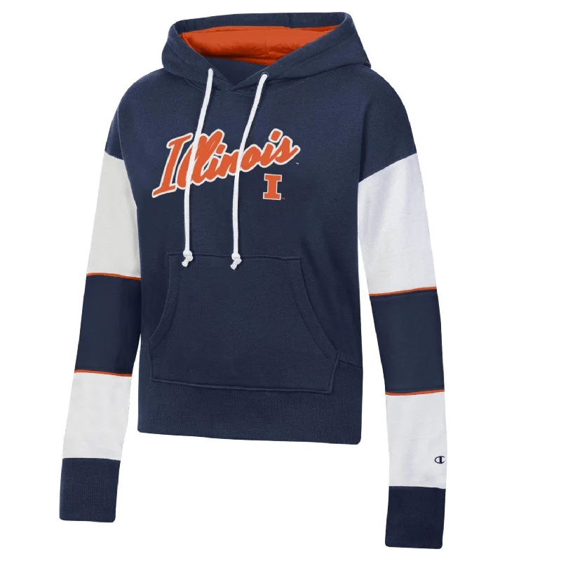 Illinois Fighting Illini Women's Champion Script Striped Hoodie Hoodie with Embroidery Detailed Premium