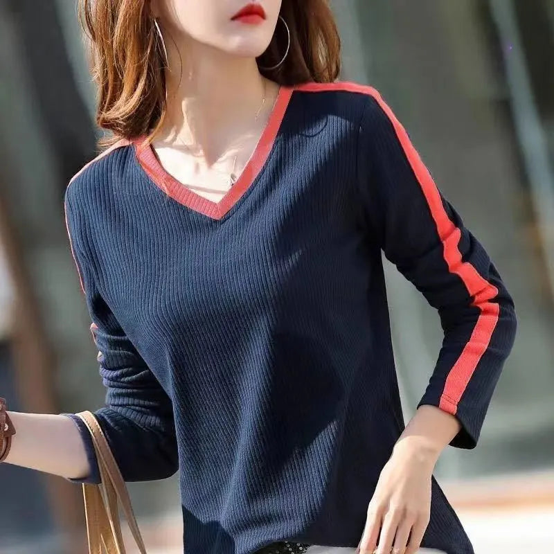 Female Clothing Screw Thread Slim Pullovers Casual Contrasting Colors Spring Autumn New Long Sleeve Elegant V-Neck Basic T-shirt Boyleg Sleeve Pullover