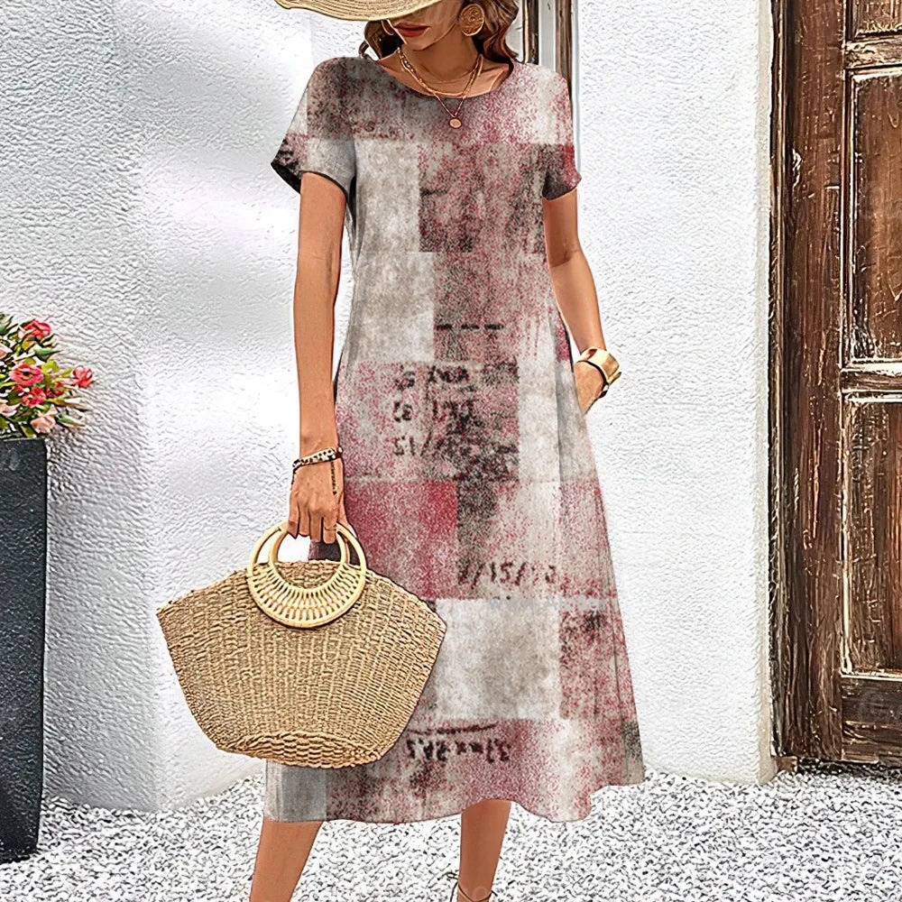 Summer Short Sleeves Dresses Women Dress Loose Classy A-Line Skirt Retro Patchwork Woman Clothing Casual Round Collar Pullover Ruffled Neck Pullover