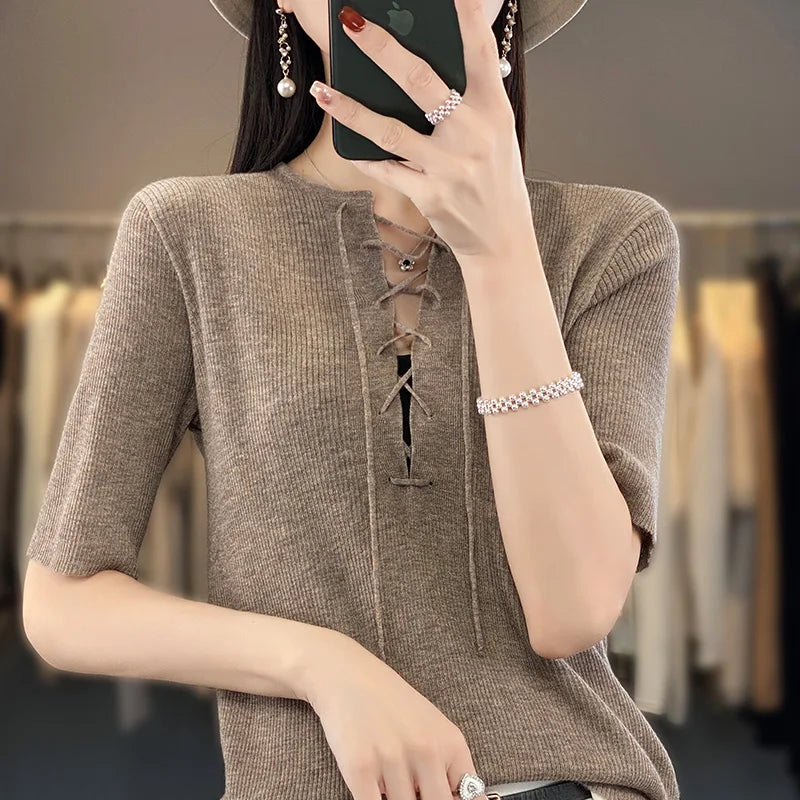 Spring Summer Women 100% Wool Elastic Flexible Sweater Round Collar Half Sleeve Drawstring Design Knit Pullover Bottoming Tops Deep Neck Pullover