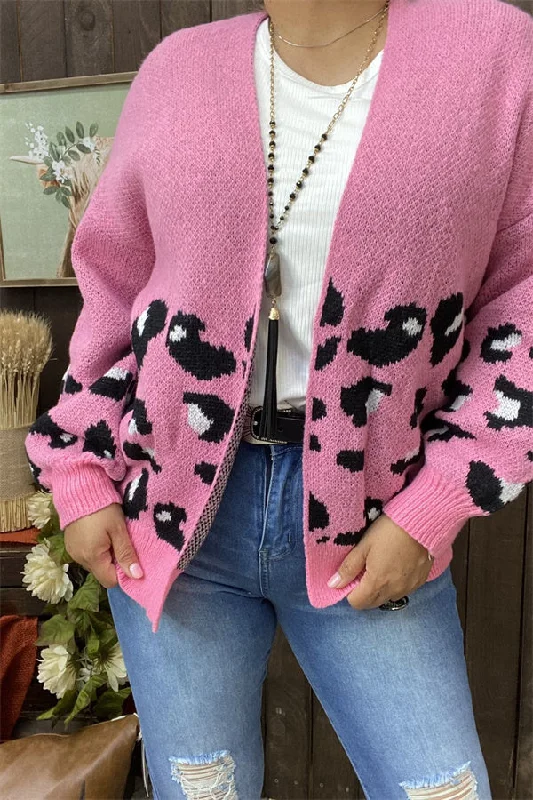 MY15400 Black&White leopard printed pink solid color long sleeve w/tighten cuff women sweater/cardigan Ribbed Striped Patterned