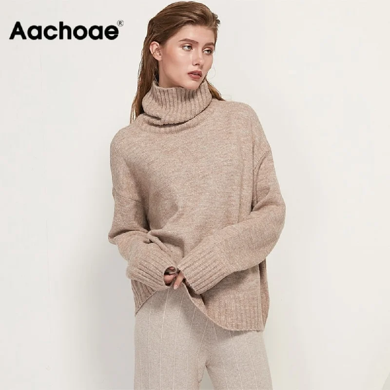 Aachoae Women Knitted Turtleneck Cashmere Sweater Pullover Mock Neck Pullover