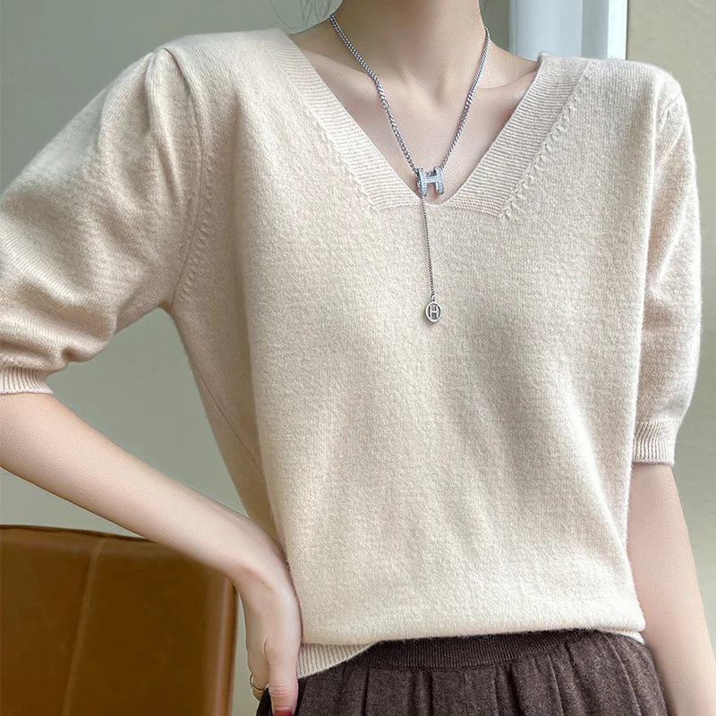 2022Spring Sweater 100%Wool Short Sleeve Women New T-Shirt Double V-Neck Pullovers Thin Vest Loose Cashmere Knit Tops Base Shirt Honey Neck Pullover