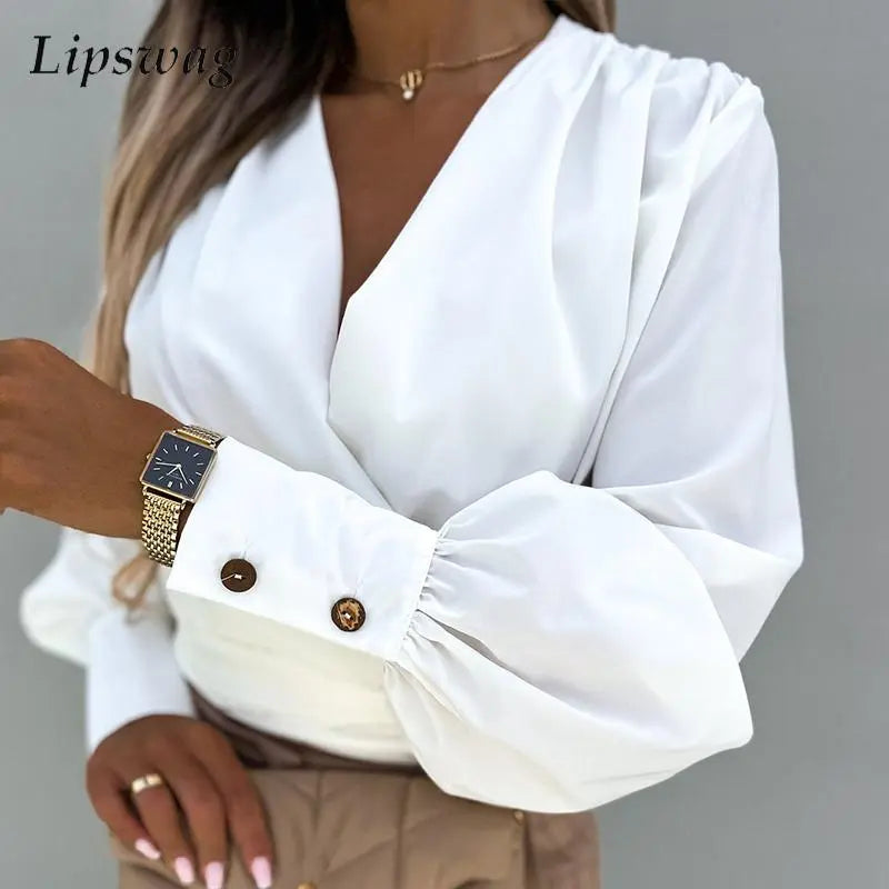 2022 Autumn Women Elegant V Neck Slim Waist Shirts Fashion Lantern Long Sleeve Office Lady Pullover Sexy Solid Commuter Blouse Set Sleeve Pullover