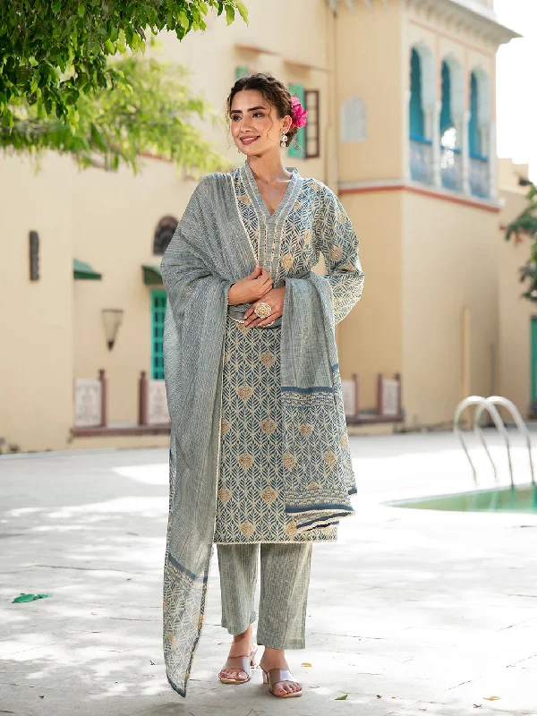 Divena Grey Floral Print Pure Cotton Straight Kurta & Trouser with Dupatta Trousers Elastic Waist Soft