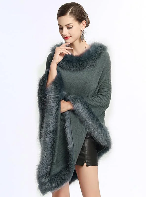 FOX LIKE FUR COLLAR ROUND PULLOVER SWEATER CAPE SHAWL Cable Knit Chunky