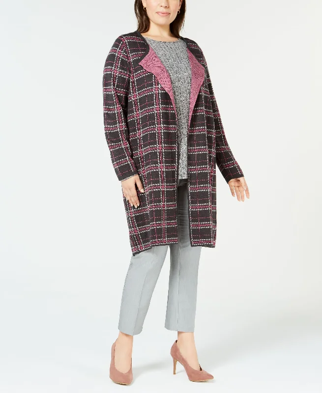 NY Collection Plus Size Jacquard Plaid Cardigan Satin Fabric Silk Fabric Chiffon Fabric