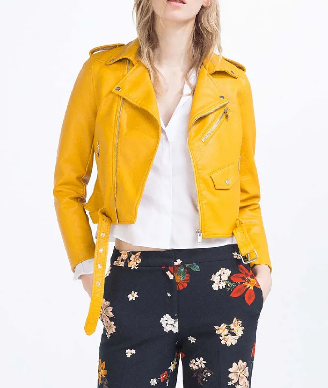 Spring Brand Women Mustard Short Faux Leather Motorcycle Cropped Biker jackets Hem belted Zips details Mesh Jacket Canvas Jacket Denim Jacket