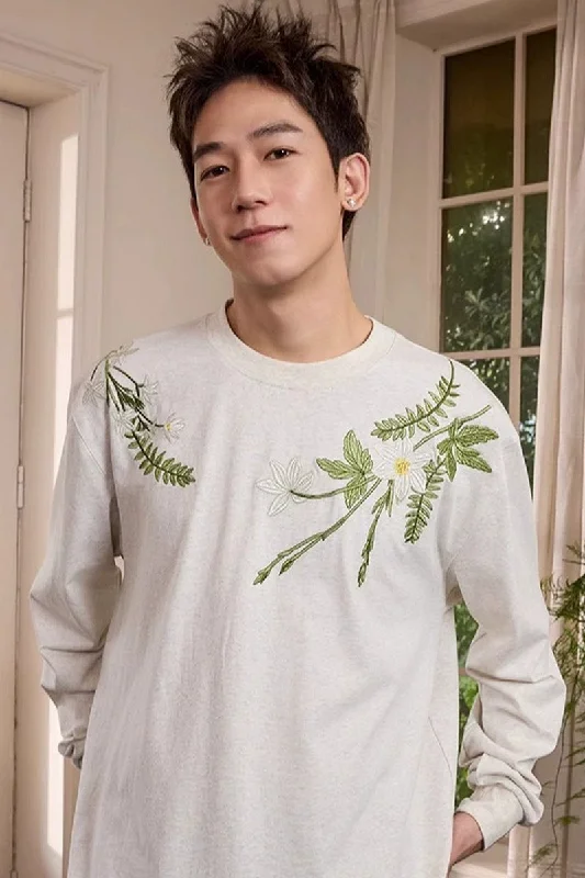 Botanical Embroidery Long Sleeve Tee Cozy Warm Stylish