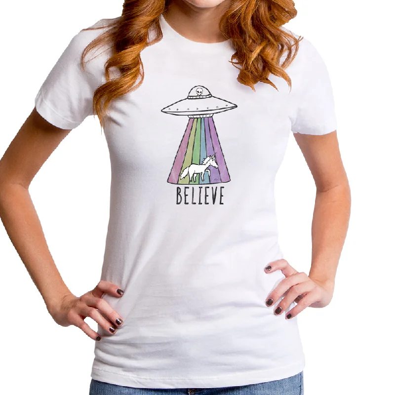 Believe Unicorn Tonal Women's T-Shirt Notch Collar Peter Pan Collar Cowl Neck